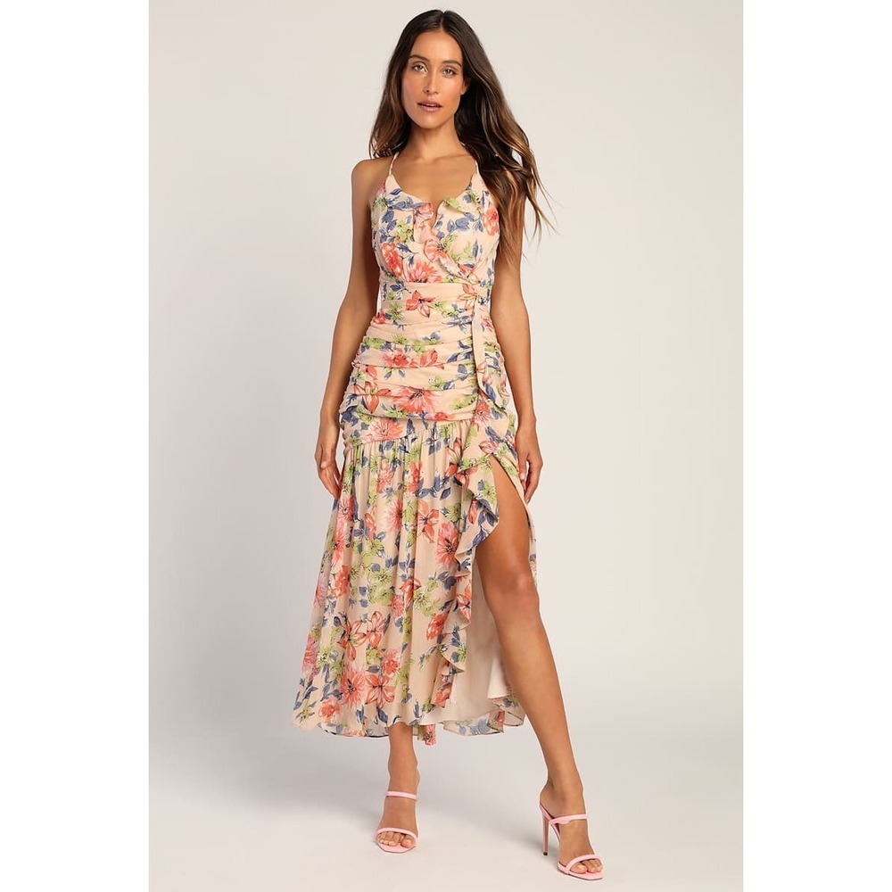 Lulu's Peach Floral Ruffle Midi Dress